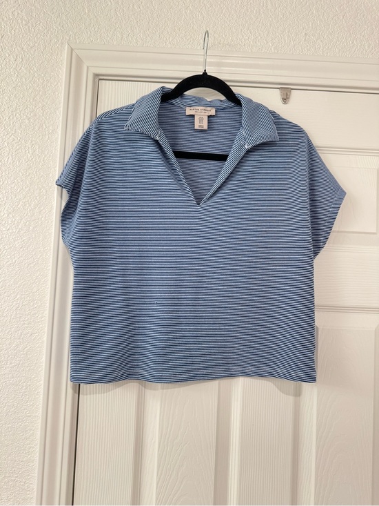 Martha Stewart Tops - Martha Stewart Blue and White Microstripe Collared V-Neck Top
